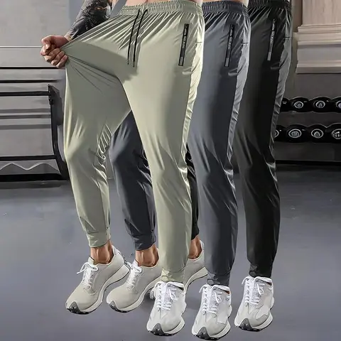 Men's 3-Pack Polyester Loose Letter Printed Joggers - Gymclothes, Sporty Comfy Breathable Stretchable Fitness Outfit, Blue+Green+Gray Casual Athletic Workout Summer Streetwear Trousers