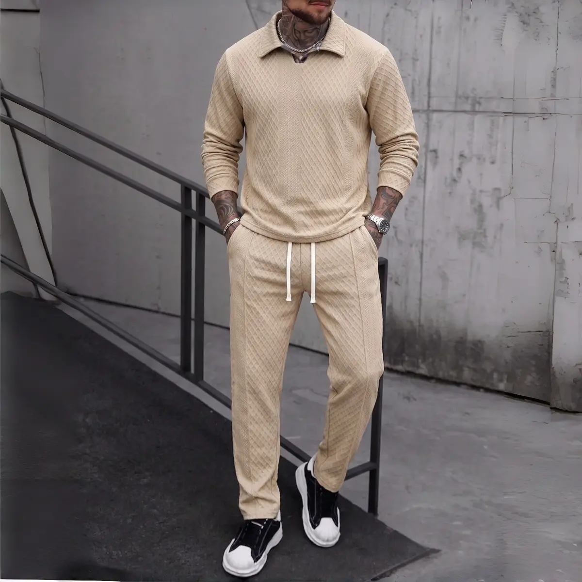 Men’s 2 Piece Textured Tracksuit Set Long Sleeve Polo Shirt & Matching Pants Casual Lounge Outfit for Fall Winter Daily Wear