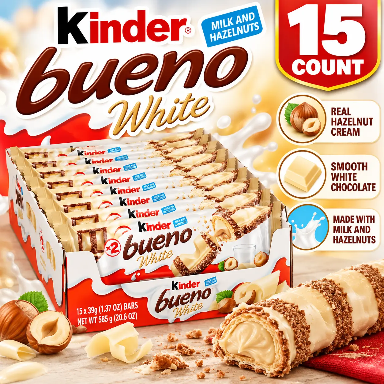 Kinder Bueno White Chocolate Hazelnut Cream Wafer Bars - 39g, 15-Count Tray Pack, Sweet Flavor Candies, Crispy Dessert Snacks