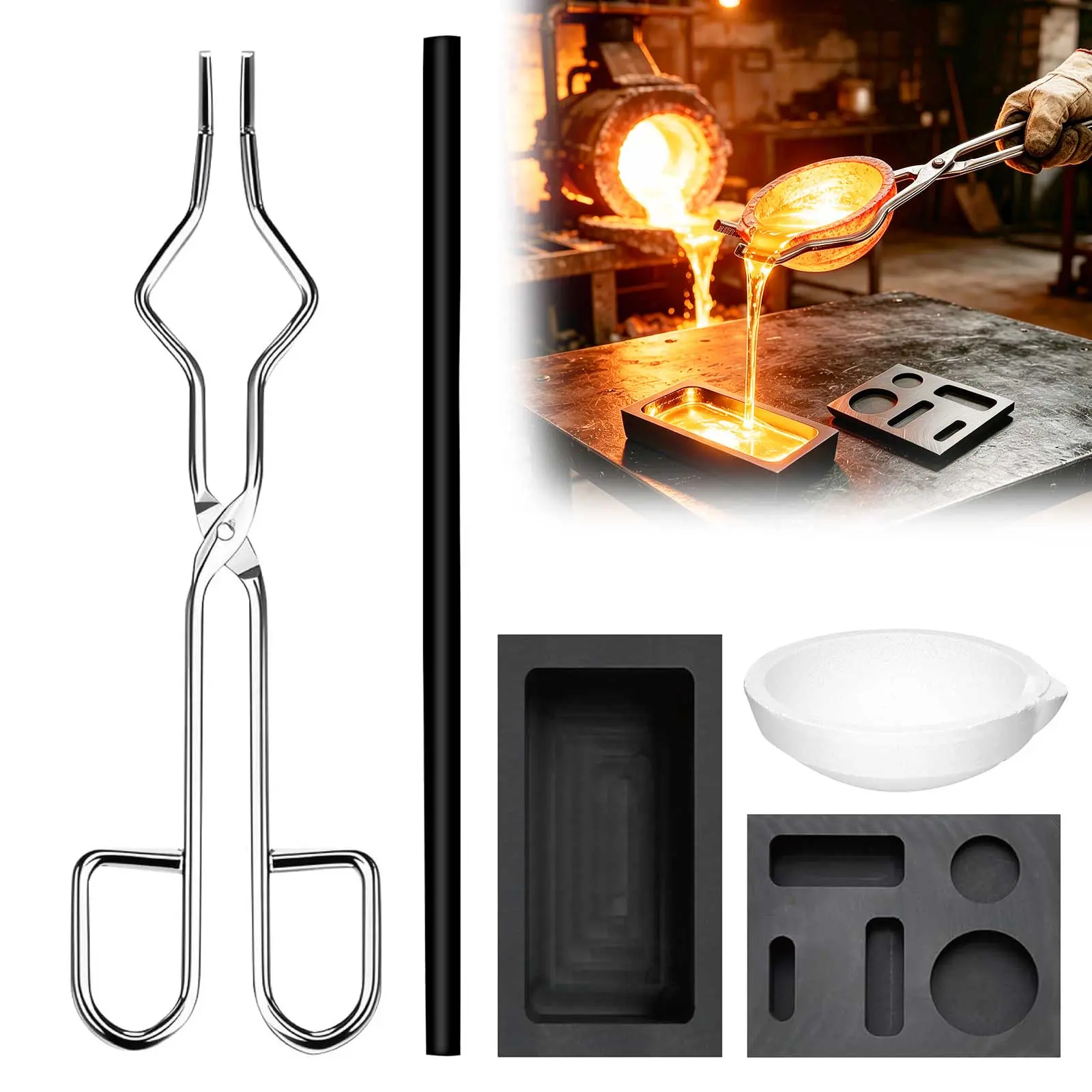 Metal Casting Kit - Include Graphite Crucible, Ingot Molds, Stir Rods, Quartz Cup & Tongs, DIY Metal Casting Tool Set for Jewelry Making & Craft Projects