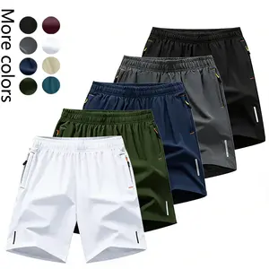 5-Pack, Men's Solid Color Zipper Pocket Shorts - Summer Casual Comfortable Breathable Three-Quarter Pants, Men's Everyday Bottoms, Tropical Beige, 5-Pack Men's Casual Breathable Shorts  Breathable Solid Color Zipper Shorts Menswear Plain