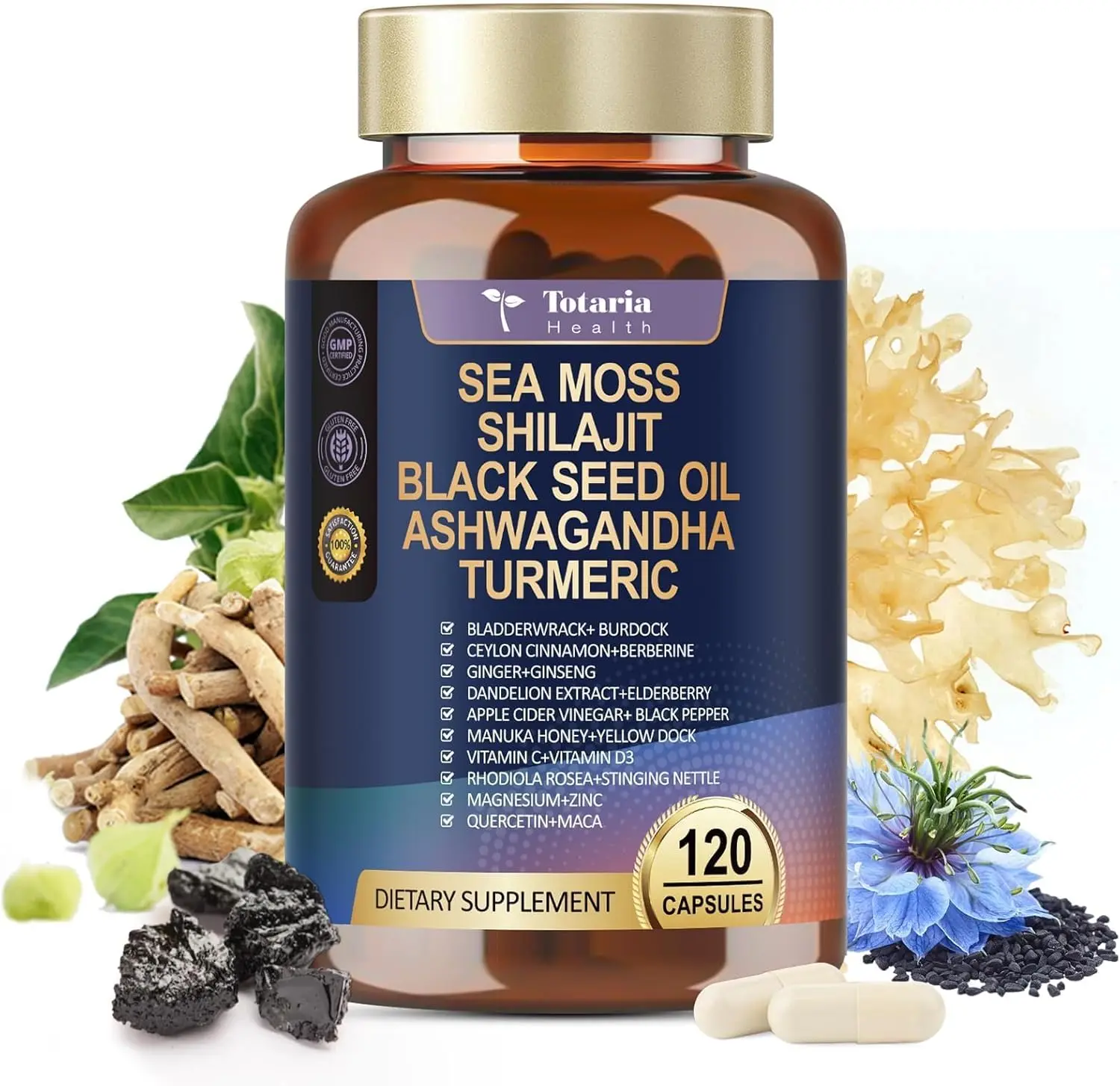 25-in-1 Sea Moss Black Seed Oil Ashwagandha Ginger Shilajit Supplement, Sea Moss Capsules Pro with Bladder Burdock Ceylon Cinnamon Berberine ACV Manuka VIT C & D3 for Men Women, 120 Vegan Caps