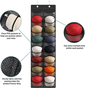 Hanging Baseball Hat Rack, Over-the-Door Cap Organizer with 16/27 Pockets & 2 Hooks, Clear Pockets for Closet Hat Storage and Display, Black