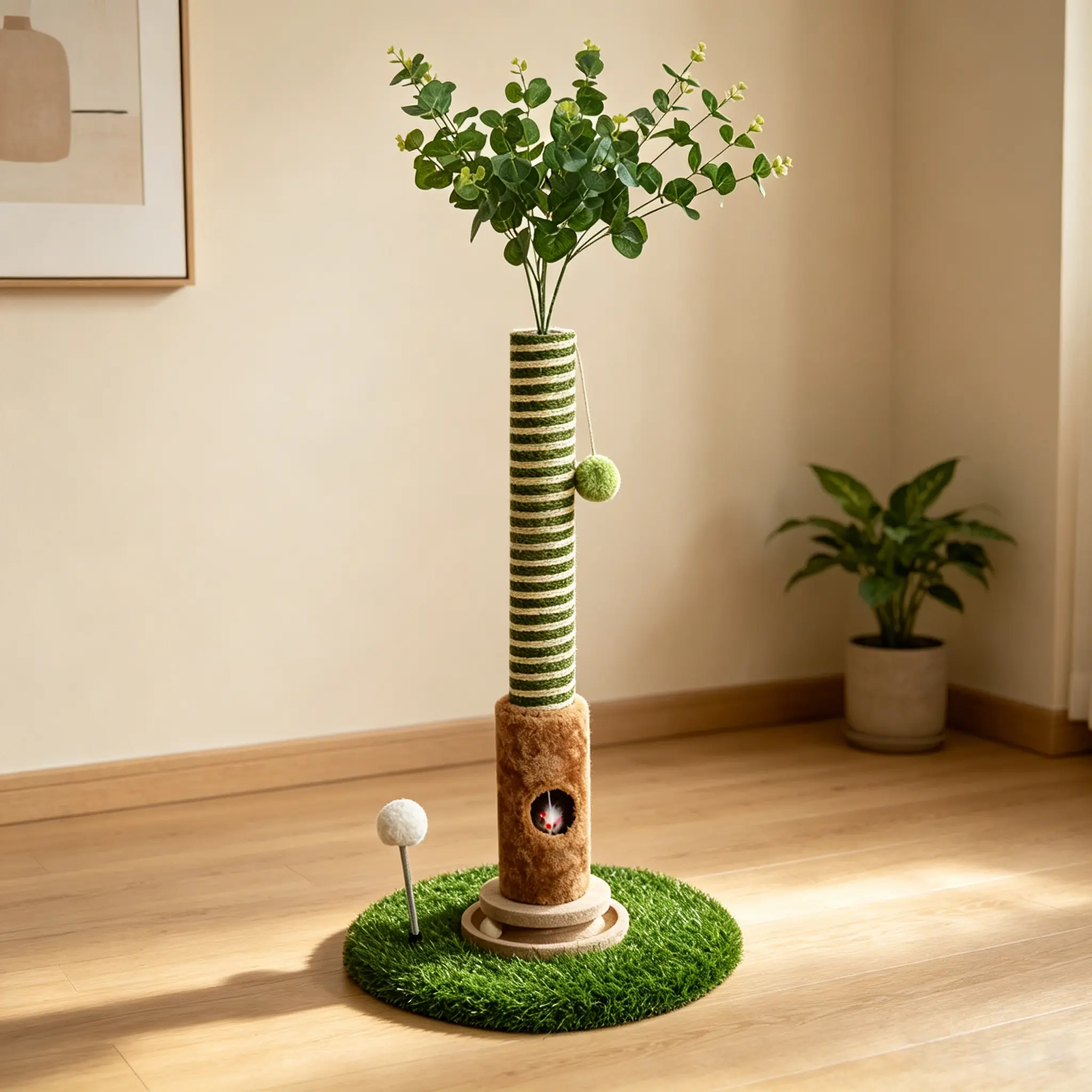 39''Cat Scratching Post with Artificial Eucalyptus Leaves, 4-in-1 Interactive Cat Tree Tower, summervibes Kitten Scratcher with Toy Balls, Indoor Cat Scratching Post with Ball, Sisal rope, modern pet furniture, Cat Tree for Living Room