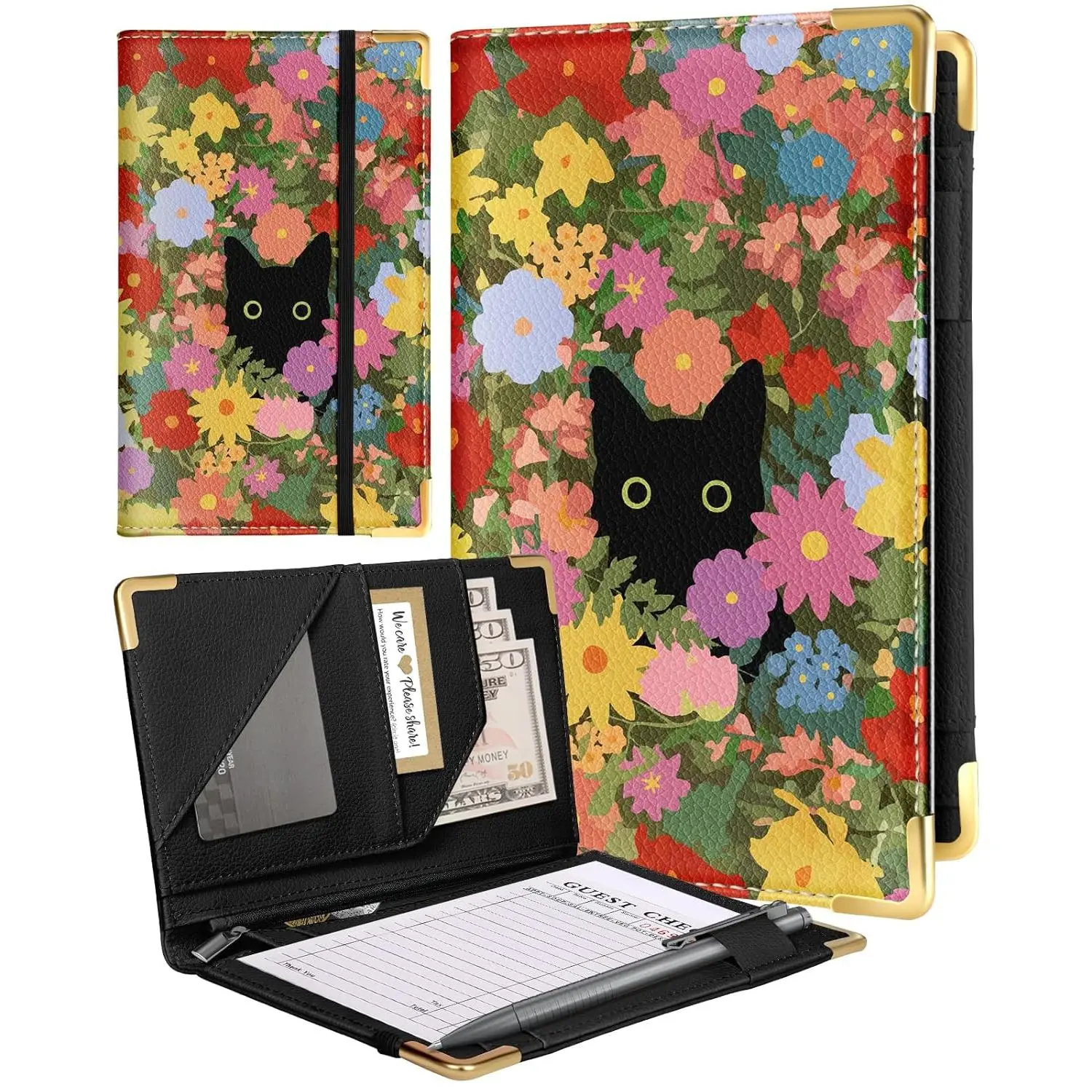 Server Book for Waitress Cute Serving Books with Zipper Pocket Accessories Leather Server Check Book Restaurant Waiter Server Booklet Organizer Ticket Book Holder  Black