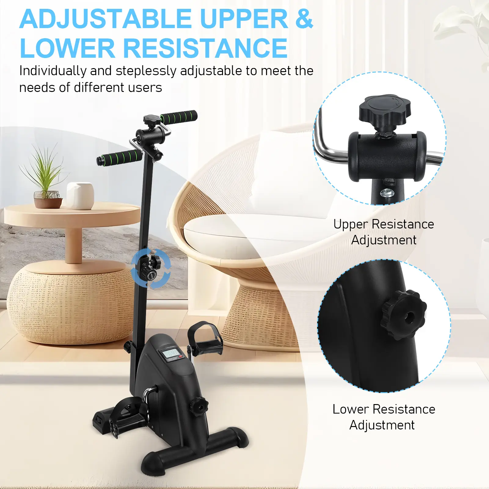Portable Pedal Exerciser with Adjustable Resistance for Seniors, Height-Adjustable Metal Arm & Leg Rehab Machine with Gloves Handle