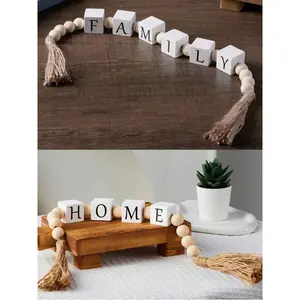 Boho Wood Bead Tassel Wall Hanging, 2 Styles Handcrafted Look Pendant, Natural Wood & Cotton Rope Decor, Ready to Hang Rustic Farmhouse Home Accent, Spring 2026 Room Refresh, Mother's Day Gift, Square Letter Bead Craft, Macrame Style Door Wall Art