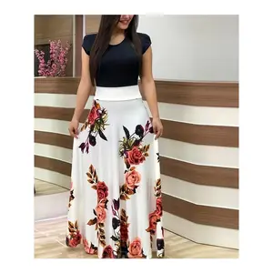 Floral Print Splicing Dress, Elegant Crew Neck Short Sleeve Pleated Maxi Dress, Women's Clothing