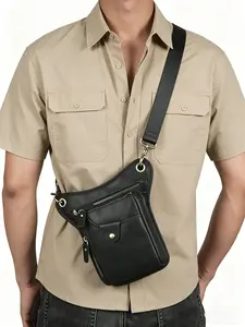 Men's Outdoor Multi-Way Leather Bag, Convertible Crossbody Sling Bag / Waist Fanny Pack / Thigh Drop Leg Bag / Hip Butt Pack for Hiking, Motorcycle & Adventure Travel