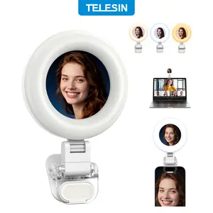 【TikTokShopStockUp】TELESIN Clip-on Selfie Ring Light, Rechargeable Portable 360° LED Selfie Fill Light with Mirror For Phone/iPhone Photography, Computer Laptop Video Conference, Zoom Calls, Girl Makeup, Live Streaming, Video Calls, w/ iPhone 17