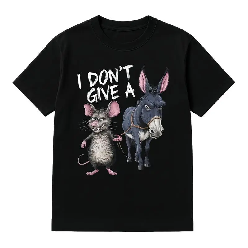 Menswear Funny "I Don't Give A" Mouse & Donkey Graphic Top, Cotton Vintage Loose Shortsleeve Round Neck Casual Wear Summer Tee, Machine Washable Humor Novelty Crew Neck Undershirts Streetwear, Loose Fit, Humorous Text, Moisture Wicking