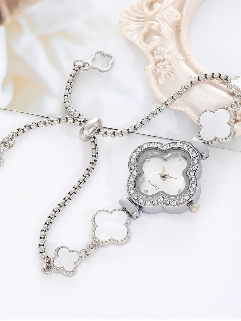 Silver Clover Shape Women’s Bracelet Watch Dainty Elegant Adjustable Wristwatch Clover Silver Dainty Watch – Antiqlux main image 3