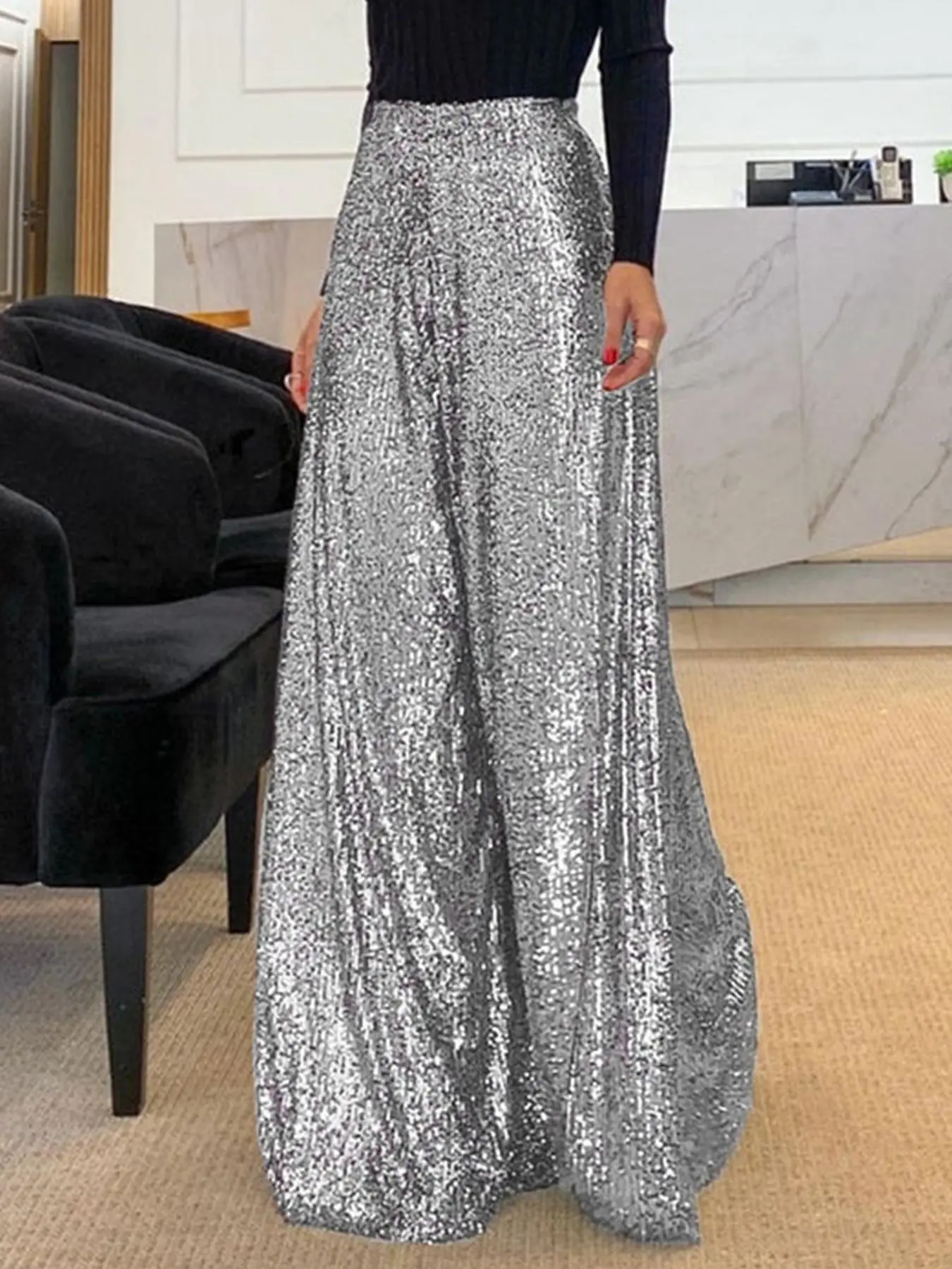 Women's Glitter Sequins Maxi Wide Leg Pants, Elegant High Waist Trousers for Party Club Show Wear, Ladies Bottoms for Summer, Womenswear