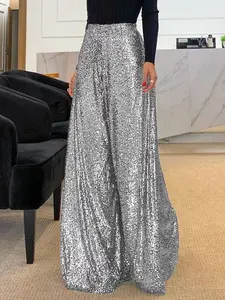 Women's Glitter Sequins Maxi Wide Leg Pants, Elegant High Waist Trousers for Party Club Show Wear, Ladies Bottoms for Summer