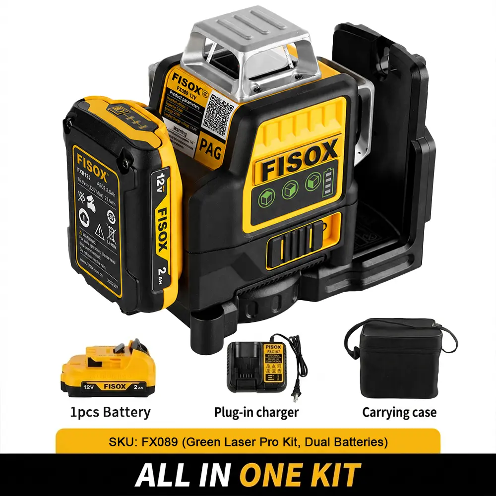 FISOX 12V Lithium Green Beam 12-Line Auto-Leveling Laser Level, 360° Horizontal-Vertical Coverage, IP65 Rated Waterproof-Shockproof Overmolded Housing - Ideal for Outdoor Projects, Home Renovations,toolupgrade