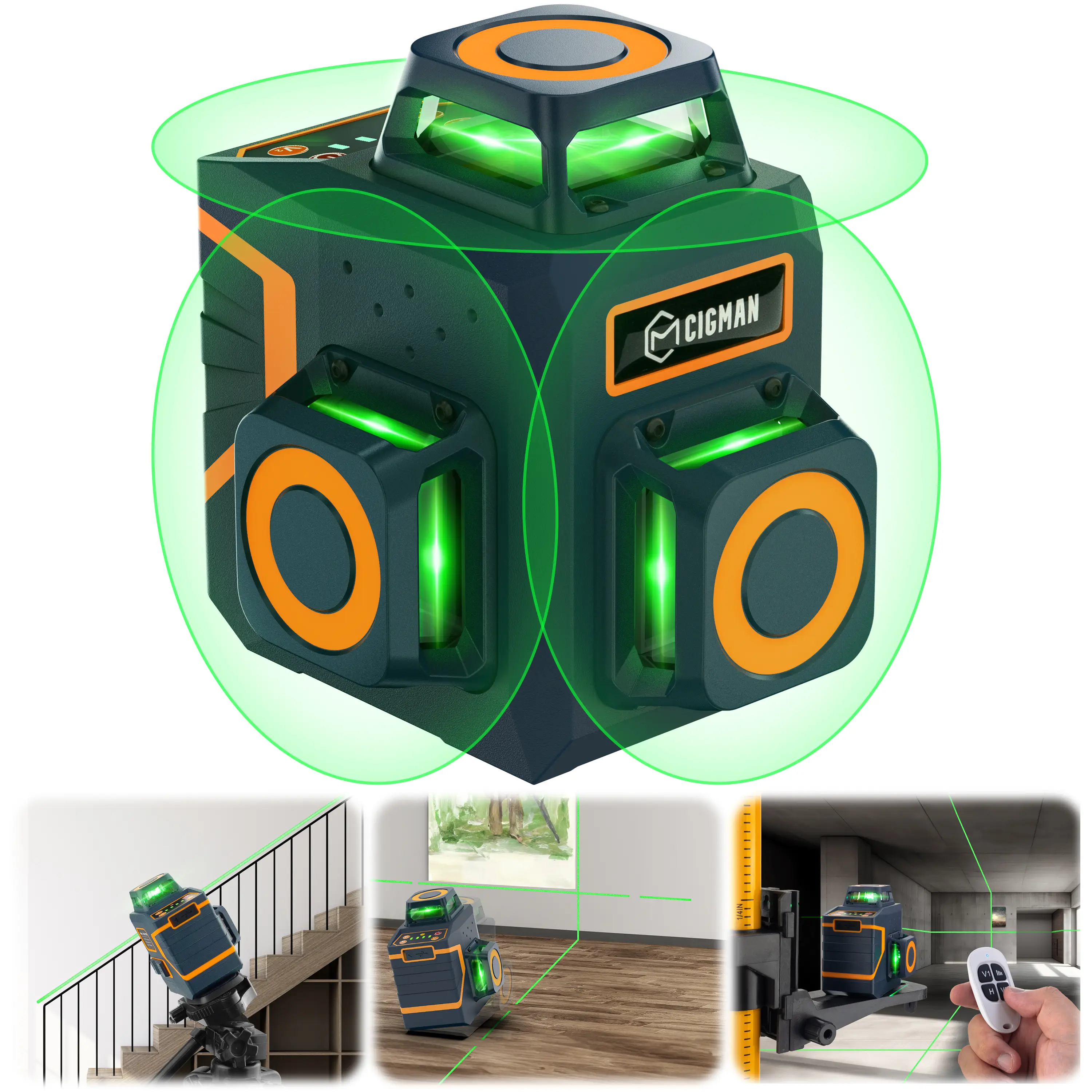 CIGMAN 3x360° Self Leveling Line Laser Level Cross Line for Wall Hanging Picture Frame Leveling, Rechargeable Battery, Remote Control & Magnetic Brack