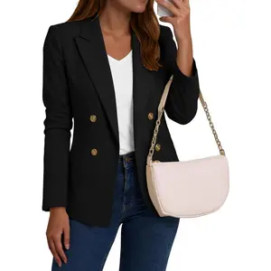 Mina Self 2025 Lady's Chic Elegant Long Sleeve Outerwear - Women's Casual Peaked Lapel Double Breasted Open Front Work Office Blazer with Pockets