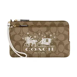 Coach Double Zip Wallet for Women – Classic Carriage Print Canvas and Leather Wristlet in Khaki and Chalk
