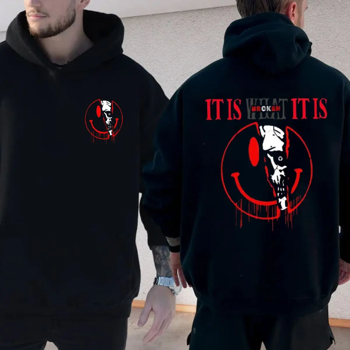 2 Sides It Is What It Is Broken Hoodie, Dark Graphic Smiley Skull Sweatshirt, Red Black Grunge Aesthetic, Edgy Mindset Style Shirt, Unisex Sweater Pullover Tee