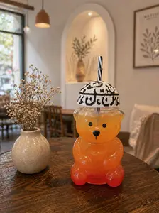 Mother’s Day Gift, KunFaya Bear Glass Cup 20oz, Aesthetic Tumbler with Straw, Handmade Hat Coffee Cup
