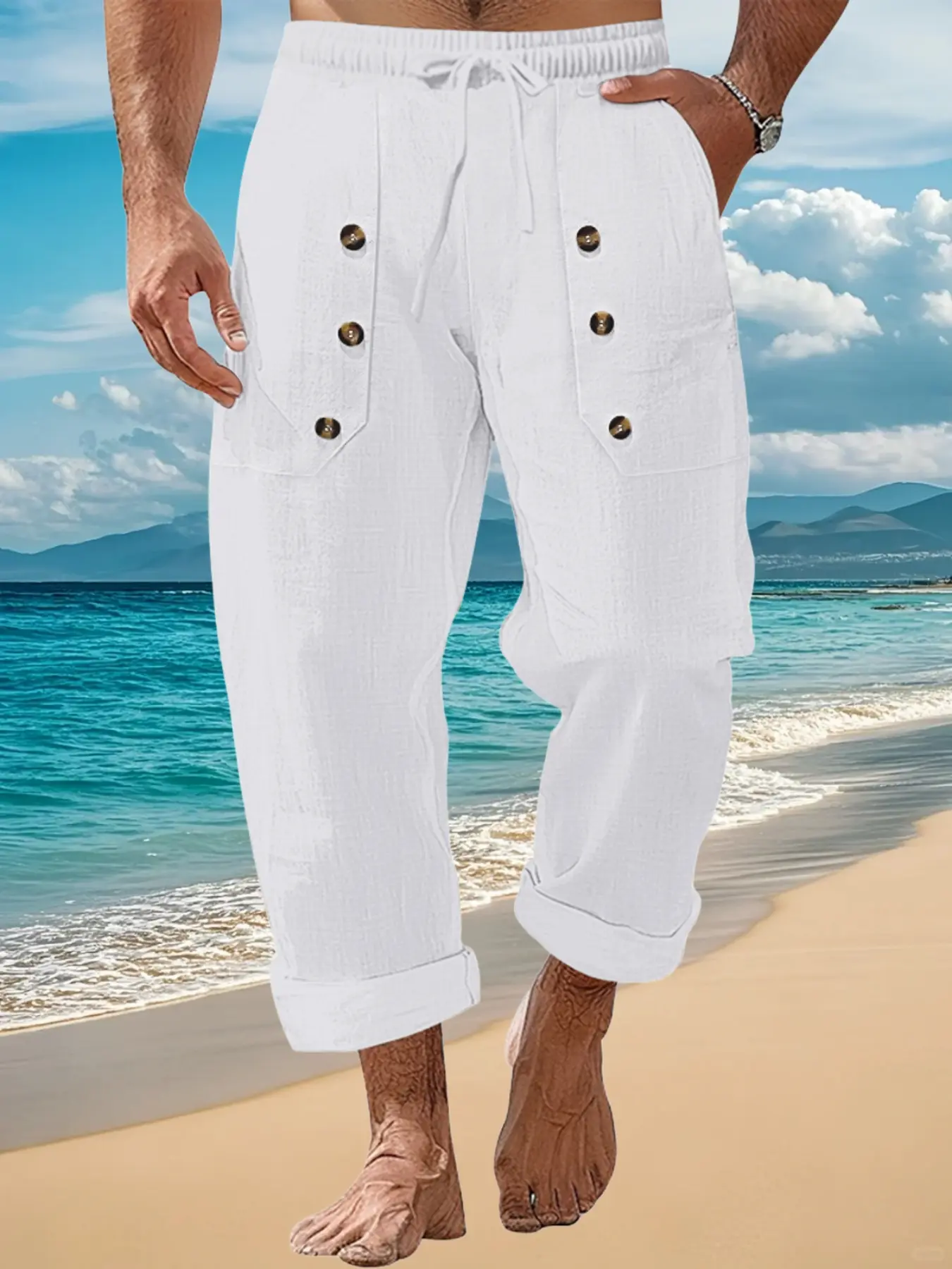 Men's Fashionable Breathable Thin Linen Plain Pants, Casual Fitted Tropical Summer Wear, Drawstring Design, Pockets, Perfect for Daily & Sports, Athletic