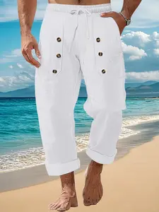 Men's Fashionable Breathable Linen Plain Pants, Casual Fitted Summer Wear, Drawstring Design, Pockets, Perfect for Daily & Sports