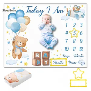 Baby Monthly Milestone Blanket Adorable Bear Balloon Pattern Flannel Receiving Swaddle Baby Photo Props with Frames 1 x Blanket+2Frames
