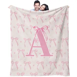 Pink Bow Custom Letter Blanket, Sweet Girly Heart Full Print, Soft Fleece Skin-friendly Warm, Ideal Gift for Adults Girls Couples for Home Use