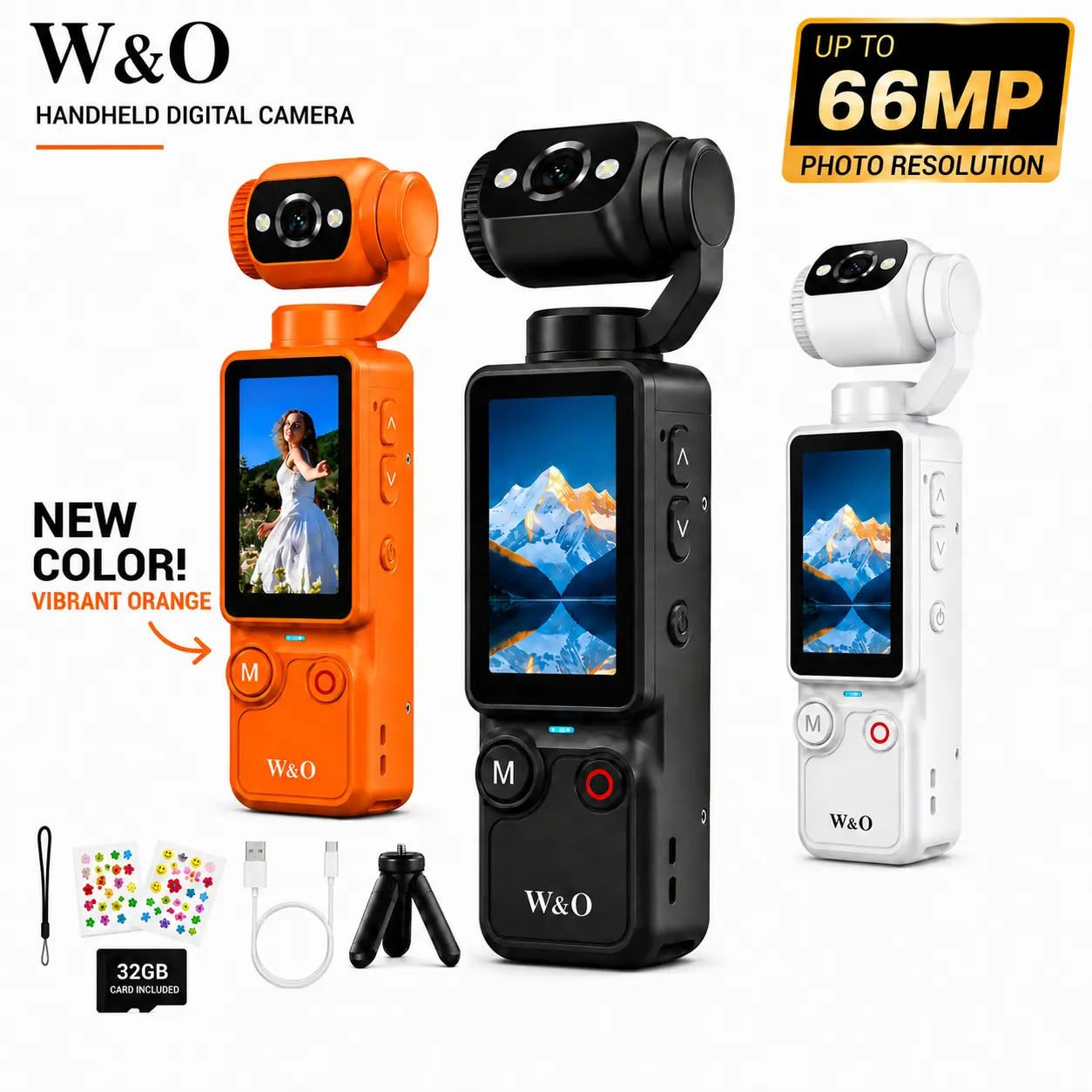 W&O Pocket Vlogging Camera with 180° Rotating Lens, Portable Handheld Stabilizer Video Recorder for Travel & TikTok Content Creators, Includes 32GB Card & Tripod