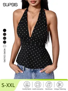 Women's Polka Dot Print Halter Top, Deep V-Neck, Tie Back Closure, Adjustable, Ruched Waist, Soft Breathable Fabric, Daily Casual Wear