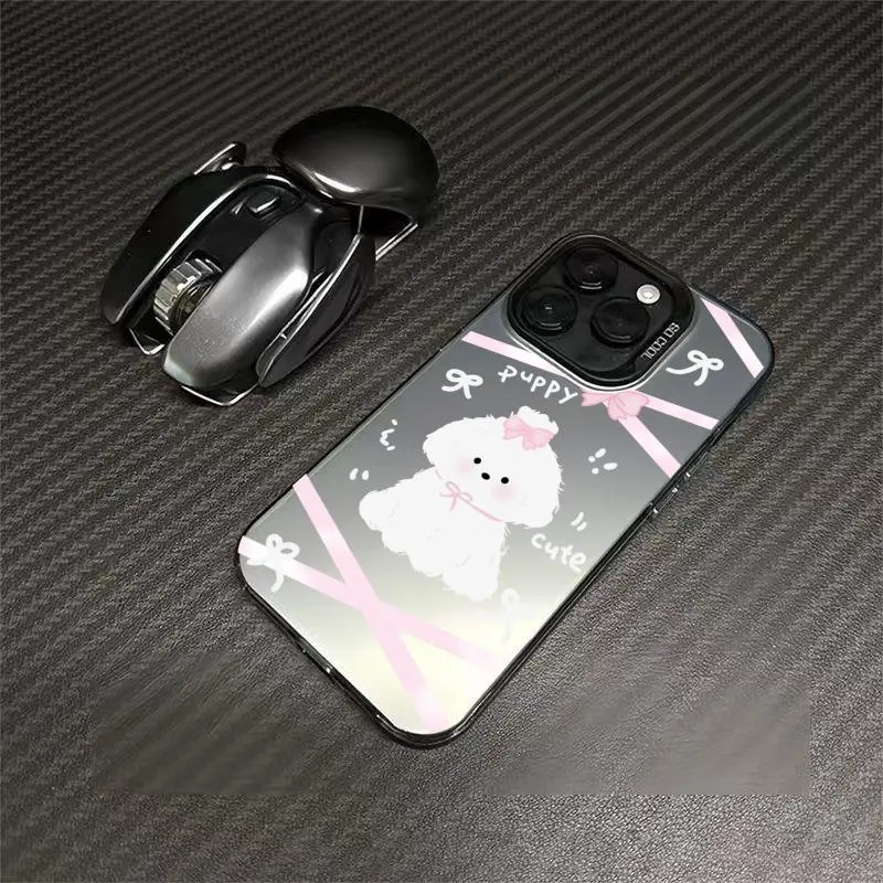 Pink Bow Puppy Phone Case For IPhone 17 Pro Max Ip17 Air 17promax 16 Promax 16 16e 15 14 13 12 11 Case Shockproof Slim I Phone Sleeve Cases Woman Cover Luxury Protective Shell Durable