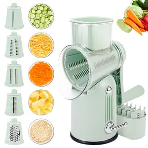 Rotary Cheese Grater 5 in 1 Cheese Grater with Handle Vegetable Slicer with 5 Interchangeable Blades, Storage Box, Green Cheese Shredder with Strong Suction Base for Kitchen tool grated  Kitchenware Utensils Curve Smooth Steel Garlic
