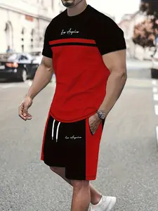 Men's Summer Fashion Casual Outdoor Fitted Menswear Set, Colorblock Striped Letter HD Print Short Sleeve T-Shirt + Drawstring Gym Shorts Two-Piece Set
