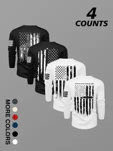 Men's 4-Pack Patriotic Long Sleeve Graphic Tees - Distressed American Flag & "One Nation Under God" Slogan Apparel, Casual Military Style Shirts, Ideal for Fourth of July, Veteran Events & Daily Wear, Soft Breathable Fabric, Multi-Color Options for Patrio