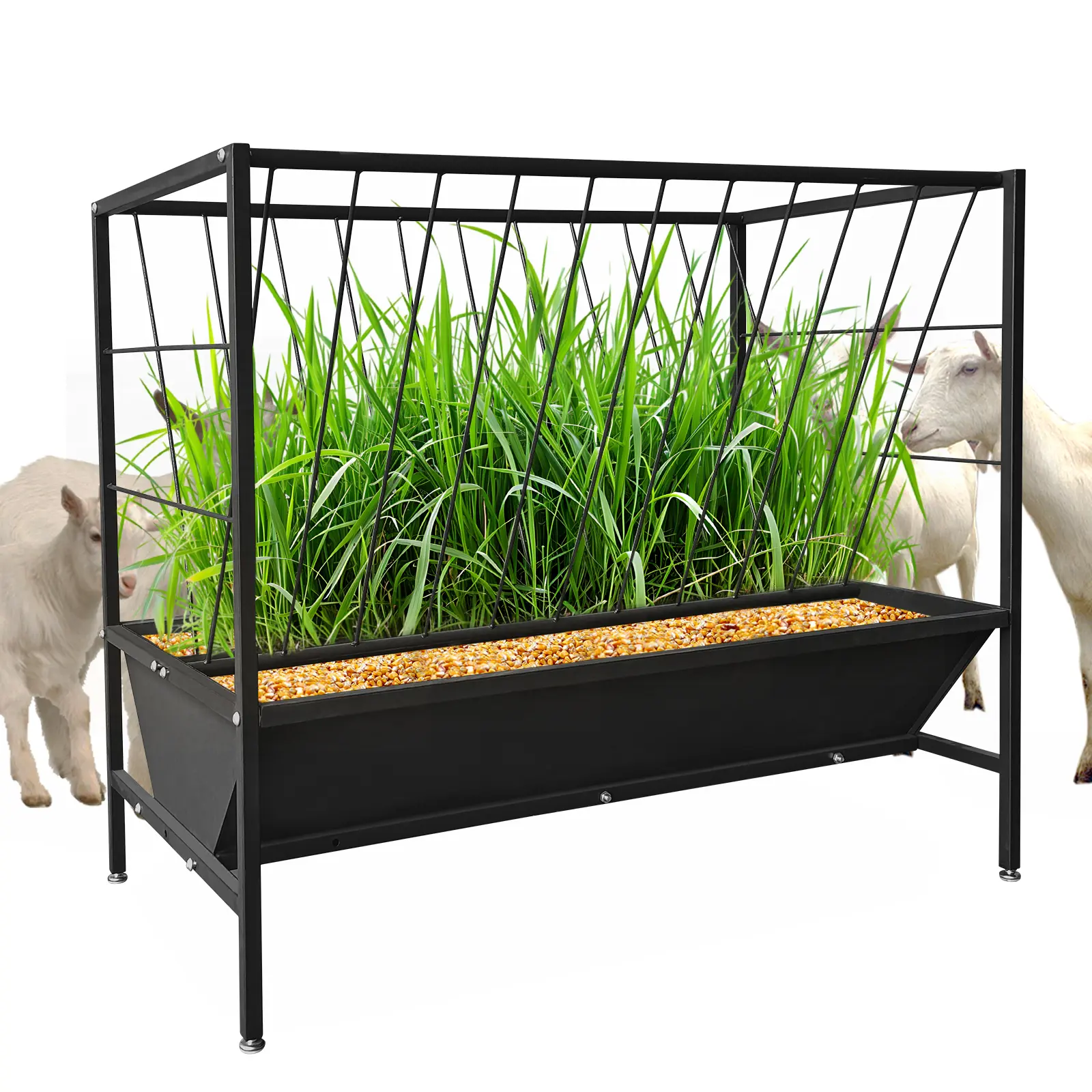YJ-Garvee 2-in-1 Hay & Grain Feeder Trough for Livestock - Heavy-Duty Steel Pasture/Stable Feeder with Hay Rack & Feed Pan, 45 Gal Hay + 24 Gal Grain, Black