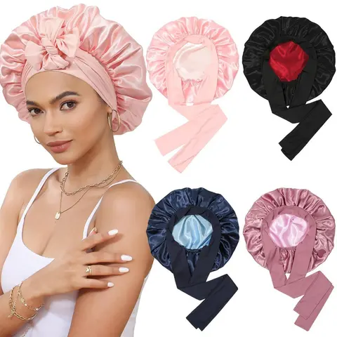 AWAYTR Adjustable Satin Bonnet for Sleeping, Double Layer Haircare Band Set Sleep Hair Cap with Elastic Tie Band for Straight & Curly Hair, Valentine's Day Gift