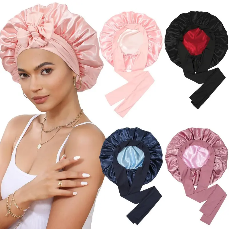 AWAYTR Adjustable Satin Bonnet for Sleeping, Double Layer Haircare Band Set Sleep Hair Cap with Elastic Tie Band for Straight & Curly Hair, Valentine's Day Gift