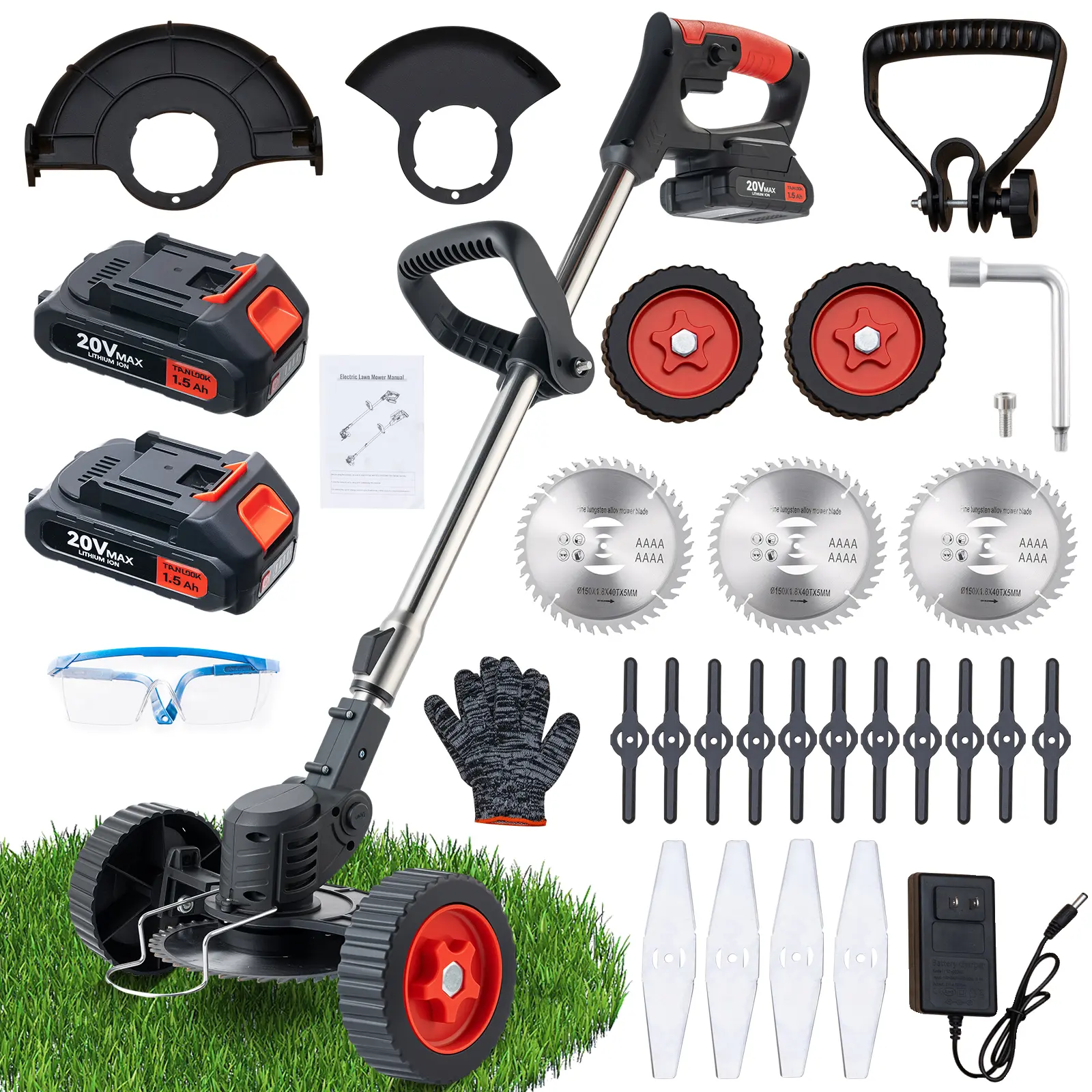 TANLOOK Black Cordless Lawn Mower & Edger with 2×1.5Ah Batteries,Wheels,3 Blade Kits | Lightweight Electric Tool for Home Gardens & Yards | Professional Lawn Care Grass Trimmer Head Cutting Circular Handle Metal,lawntool,lawncare pro Labor Day