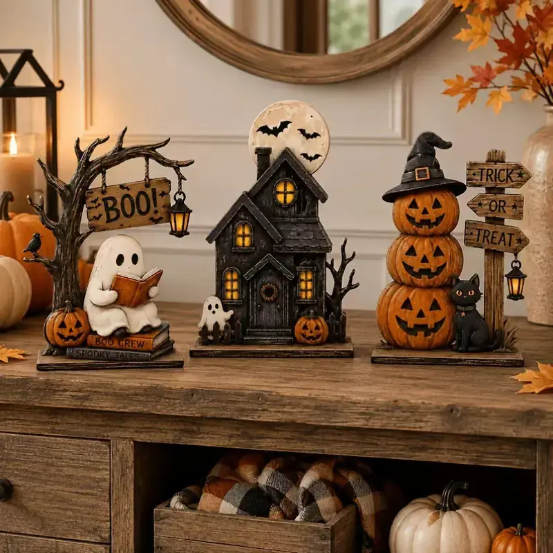Vintage Halloween Tabletop Decor Set of 3, Resin Spooky Ornaments with Cute Ghost, Haunted House, Stacked Pumpkin & Black Cat Figurines, Trick or Treat Sign, Fall Harvest Decor, Spooky Season Desktop Centerpiece for Home Mantel