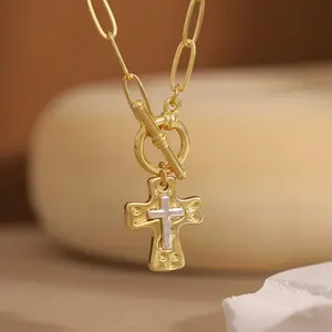 Contrast Color Cross Pendant Safety Pin Necklace Gold Thick Chain Clavicle Necklace Suitable for Light Mature/Retro Style Niche Accessories Exquisite Neckwear with Atmosphere V21