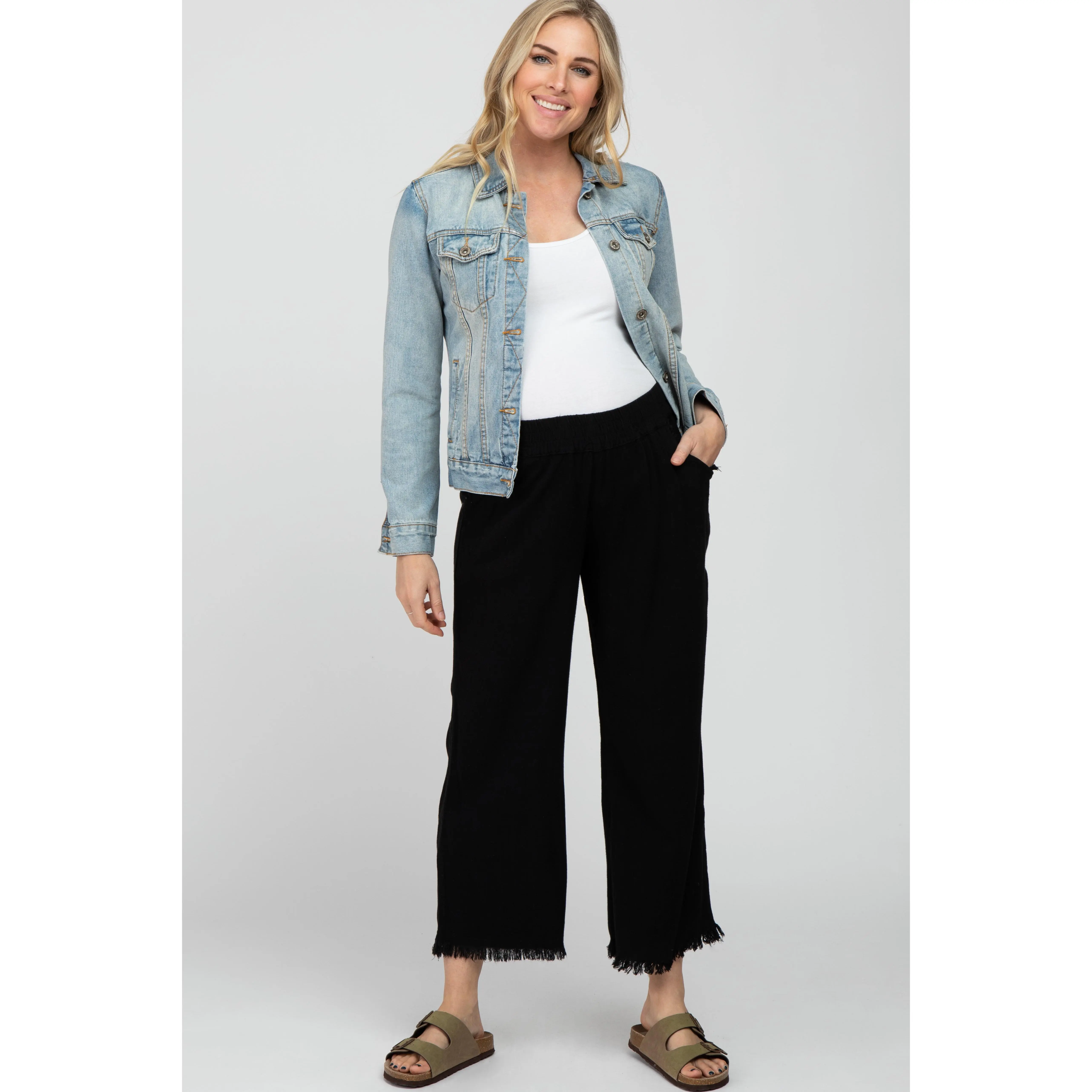 Black Linen Frayed Hem Crop Maternity Pants