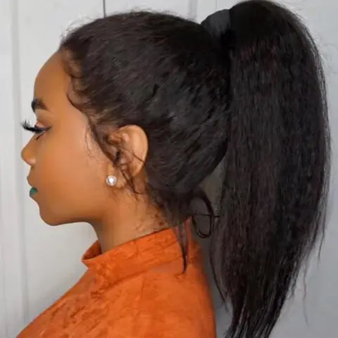 Kinky Straight Human Hair 360 Pre Cut Lace Frontal Human Hair Wigs 360 Lace Glueless Wig for High Ponytail Invisible Strap Yaki Straight Wig Glueless Human Hair for Black Women Ready to Wear 3 IN 1 Half Wig Seamless Clip Ins Flip Over 180 Density