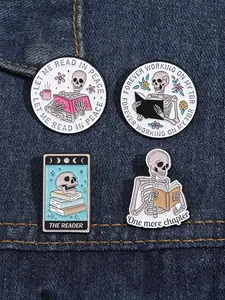 Skeleton Reader Pins: Adorable Brooches Featuring a Reading Skeleton - Perfect for Book Lovers And Halloween Fans
