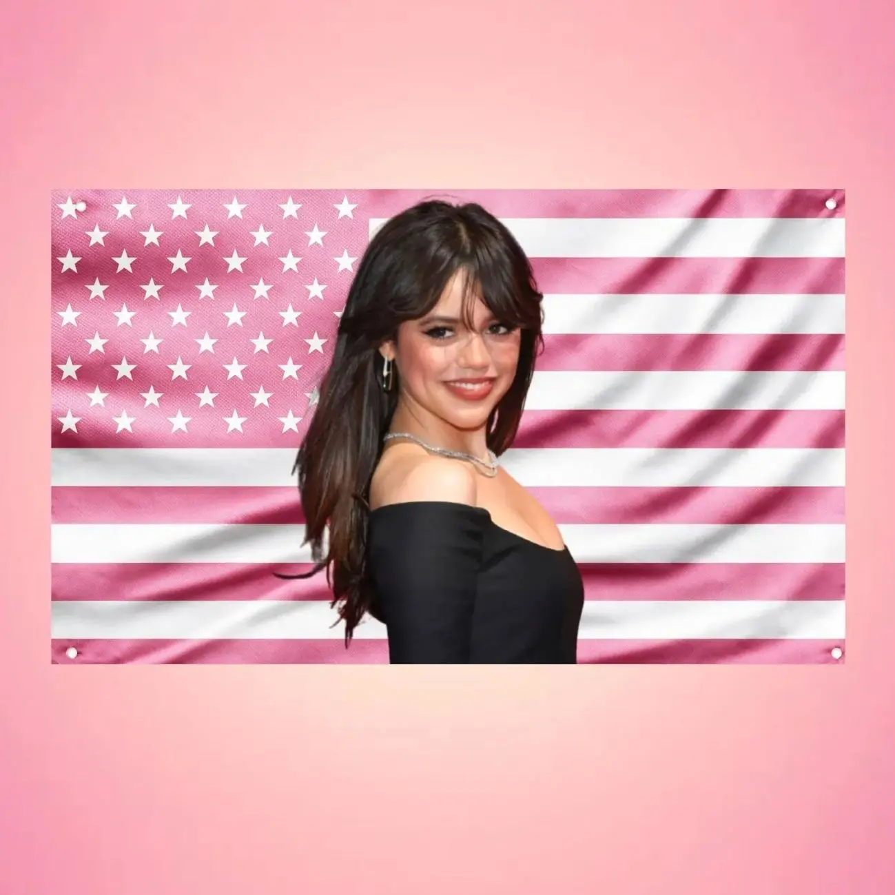 Jenna Ortega Pink US Flag Banner Tapestry - Wednesday Actress Photo Wall Art Poster Decor with Grommets for College Dorm, Bedroom & Room