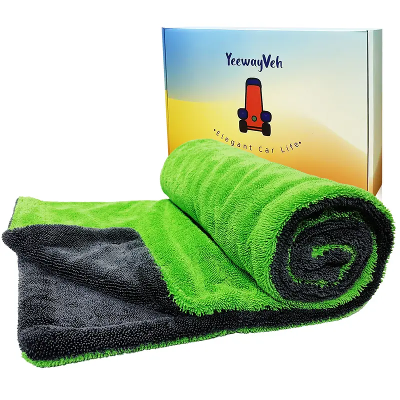 YeewayVeh 'Agile Giant' 28x36 inch 1400GSM Microfiber Car Drying Towel, 2-side Dual Use Water Lock Cloth, Scratch-Free Detailing Products for Compact Cars, Works on Glass, Chrome, and Interiors (Green)
