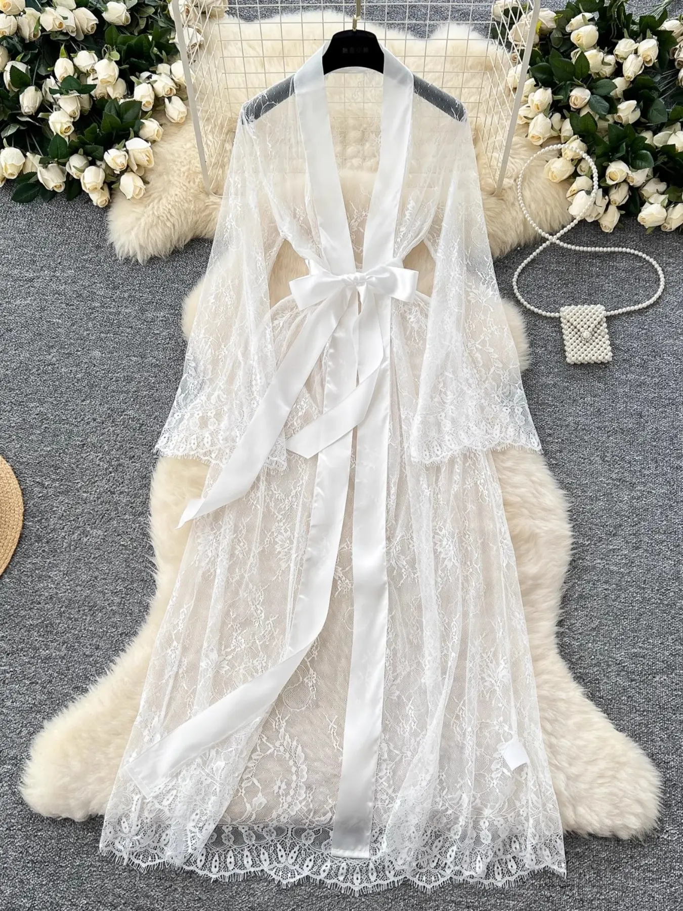 Women's Long Robe and Belt, Transparent Sheer Sexy Lace Dress, Floral Pattern, Fitted Style, All Seasons, Nightwear
