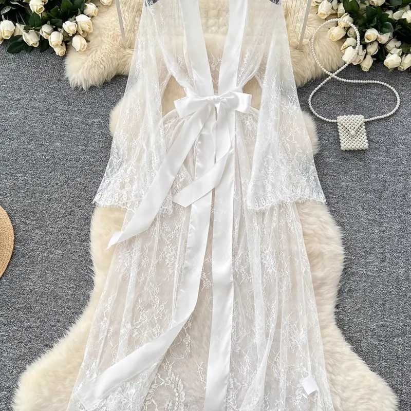 Women's Long Robe and Belt Transparent Sexy Lace Dress, Floral Pattern, Fitted Style, All Seasons, Floral Lace Nightdress