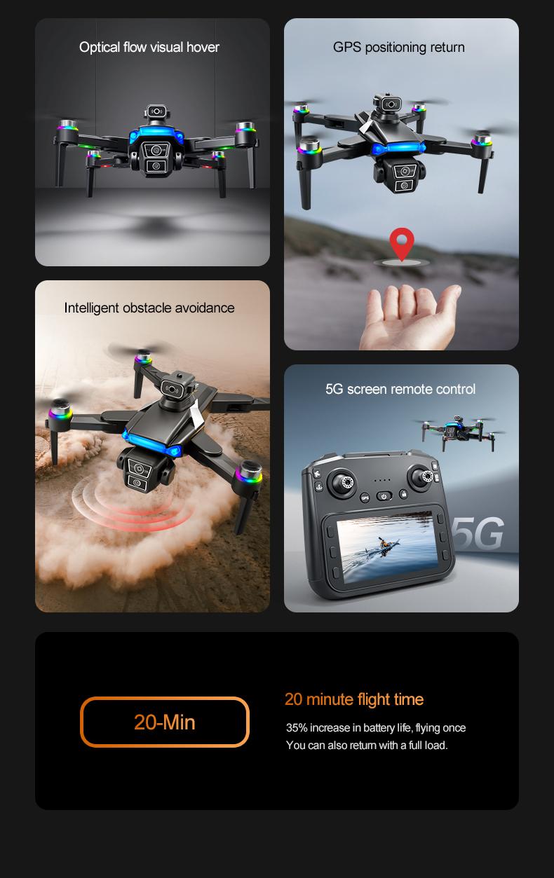 YCMDCGIE GPS drone is equipped with a 4K camera and comes with a 4.5-inch LCD remote controller. It features professional GPS intelligent tracking, AI smart return, follow mode, brushless motors, and a foldable design. YCMDCGIE GPS drone is equipped with a 4K camera and comes with a 4.5-inch LCD remote controller. It features professional GPS intelligent tracking, AI smart return, follow mode, brushless motors, and a foldable design.