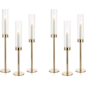 Hurricane Glass Candle Holders: Set of 6 Tall  Metal Candlestick Holder with Chimney Tube Brass Tiered Taper Candles Stands for Christmas Holiday Party Decoration 23.6 & 21.7 & 19.7 in