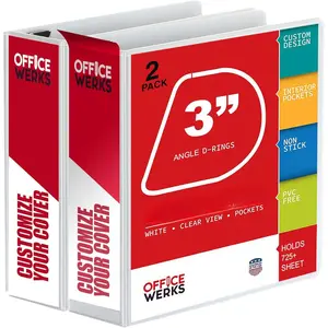 3  , 2 Pack of 3 Inch D  s, 8.5" x 11" Presentation Folder View  with Pockets, Durable Non-Stick Customizable Clear View Cover for Documents, Files, Projects (White)